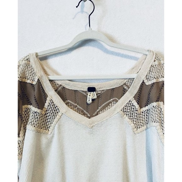 Free People Top Womens Large Waffle Knit Hi Low Hem Crochet Brown Ivory Boho - Picture 2 of 7